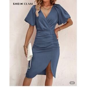 SHEIN Clasi Surplice Neck Puff Sleeve Ruched Split Thigh Dress SZ XL/12 Blue